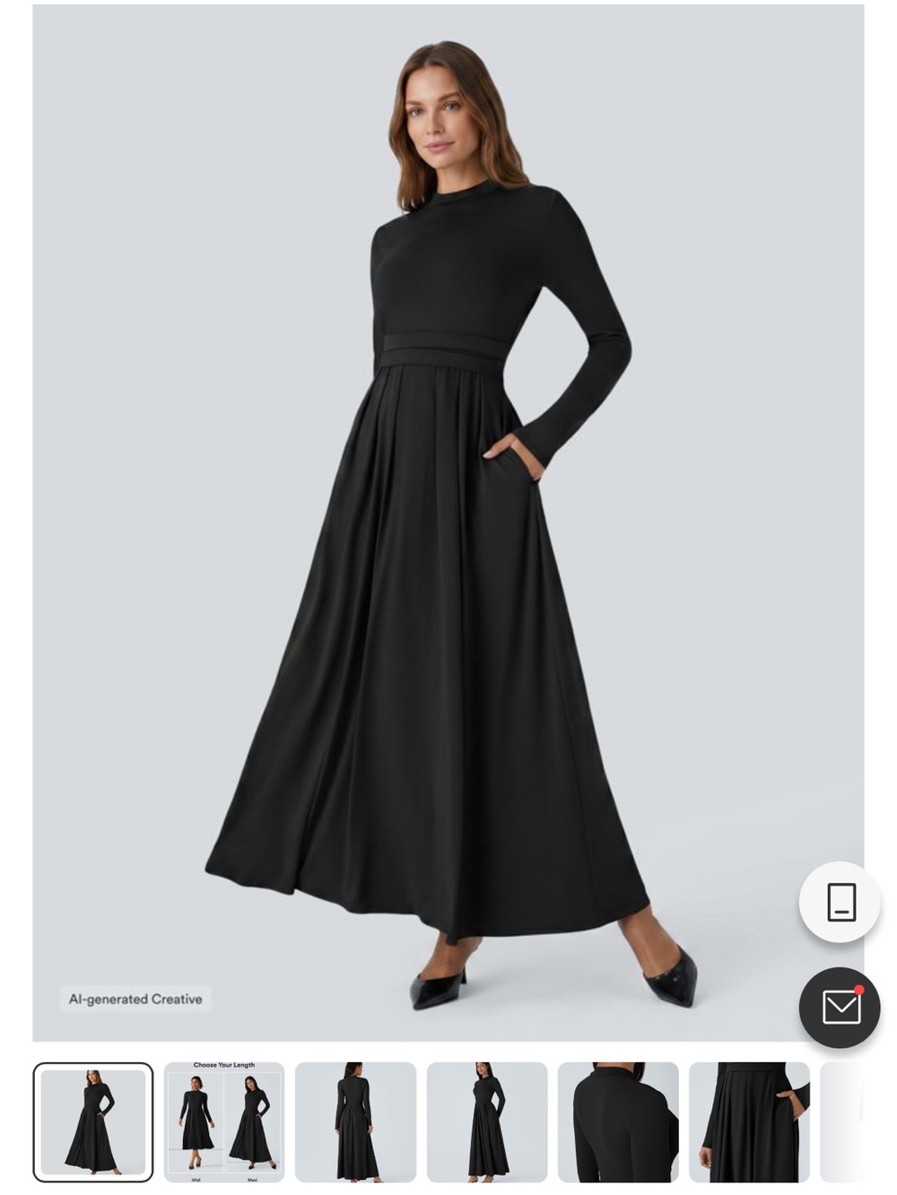 Halara Black Mock Neck Long Sleeve Flare Maxi Dress Womens XS Pockets